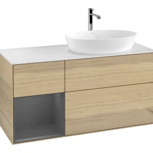 Angebot Villeroy & Boch Finion Waschbeckenunterschrank für Becken rechts Regal links für Artis / Collaro 3 Auszüge mit Beleuchtung (1x LED) ohne Hahnloch 1200 x 603 x 501 mm - Oak Veneer / Anthracite Matt Lacquer / Glass White Matt