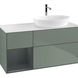 Angebot Villeroy & Boch Finion Waschbeckenunterschrank für Becken rechts Regal links für Artis / Collaro 3 Auszüge mit Beleuchtung (1x LED) ohne Hahnloch 1200 x 603 x 501 mm - Olive Matt Lacquer / Midnight Blue Matt Lacquer / Glass White Matt