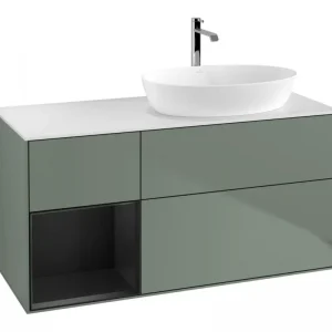 Aktuell Villeroy & Boch Finion Waschbeckenunterschrank für Becken rechts Regal links für Artis / Collaro 3 Auszüge mit Beleuchtung (1x LED) ohne Hahnloch 1200 x 603 x 501 mm - Olive Matt Lacquer / Black Matt Lacquer / Glass White Matt
