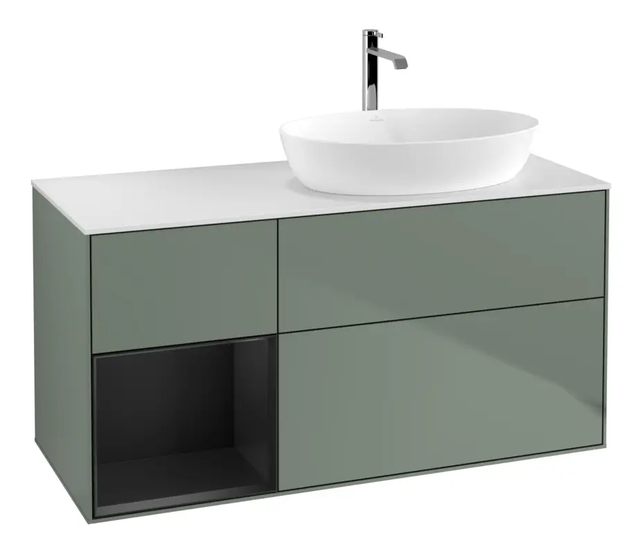 Aktuell Villeroy & Boch Finion Waschbeckenunterschrank für Becken rechts Regal links für Artis / Collaro 3 Auszüge mit Beleuchtung (1x LED) ohne Hahnloch 1200 x 603 x 501 mm - Olive Matt Lacquer / Black Matt Lacquer / Glass White Matt