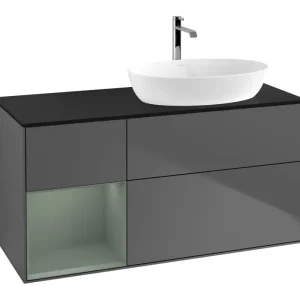 Angebot Villeroy & Boch Finion Waschbeckenunterschrank für Becken rechts Regal links für Artis / Collaro 3 Auszüge mit Beleuchtung (1x LED) ohne Hahnloch 1200 x 603 x 501 mm - Anthracite Matt Lacquer / Olive Matt Lacquer / Glass Black Matt