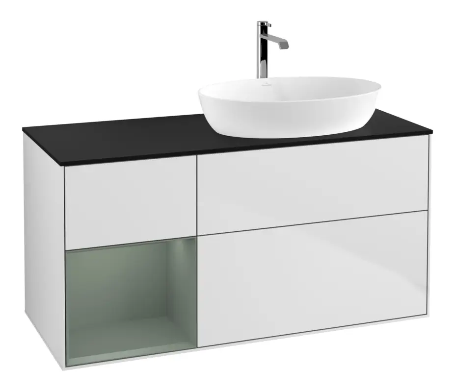 Sofort Bestellen Villeroy & Boch Finion Waschbeckenunterschrank für Becken rechts Regal links für Artis / Collaro 3 Auszüge mit Beleuchtung (1x LED) ohne Hahnloch 1200 x 603 x 501 mm - White Matt Lacquer / Olive Matt Lacquer / Glass Black Matt