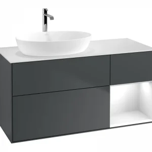 Aktuell Villeroy & Boch Finion Waschbeckenunterschrank für Becken links Regal rechts für Artis / Collaro 3 Auszüge mit Beleuchtung (1x LED) ohne Hahnloch 1200 x 603 x 501 mm - Midnight Blue Matt Lacquer / Glossy White Lacquer / Glass White Matt