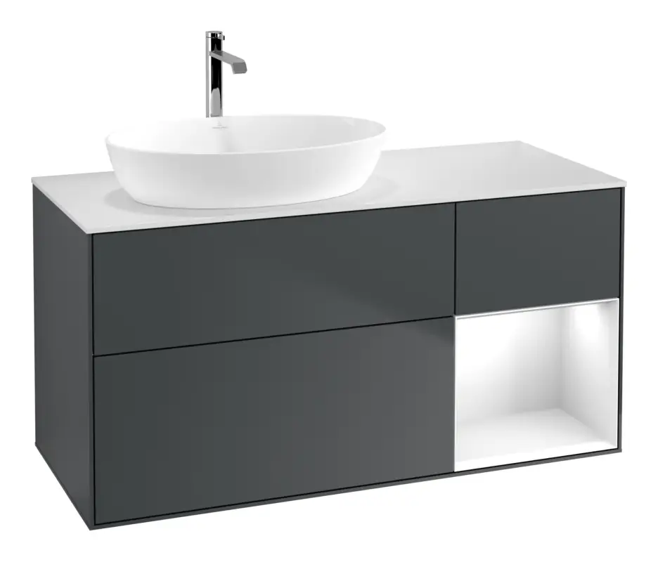 Aktuell Villeroy & Boch Finion Waschbeckenunterschrank für Becken links Regal rechts für Artis / Collaro 3 Auszüge mit Beleuchtung (1x LED) ohne Hahnloch 1200 x 603 x 501 mm - Midnight Blue Matt Lacquer / Glossy White Lacquer / Glass White Matt