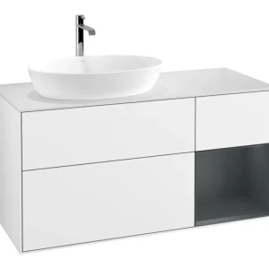 Angebot Villeroy & Boch Finion Waschbeckenunterschrank für Becken links Regal rechts für Artis / Collaro 3 Auszüge mit Beleuchtung (1x LED) ohne Hahnloch 1200 x 603 x 501 mm - Glossy White Lacquer / Midnight Blue Matt Lacquer / Glass White Matt