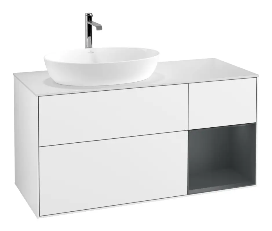 Angebot Villeroy & Boch Finion Waschbeckenunterschrank für Becken links Regal rechts für Artis / Collaro 3 Auszüge mit Beleuchtung (1x LED) ohne Hahnloch 1200 x 603 x 501 mm - Glossy White Lacquer / Midnight Blue Matt Lacquer / Glass White Matt