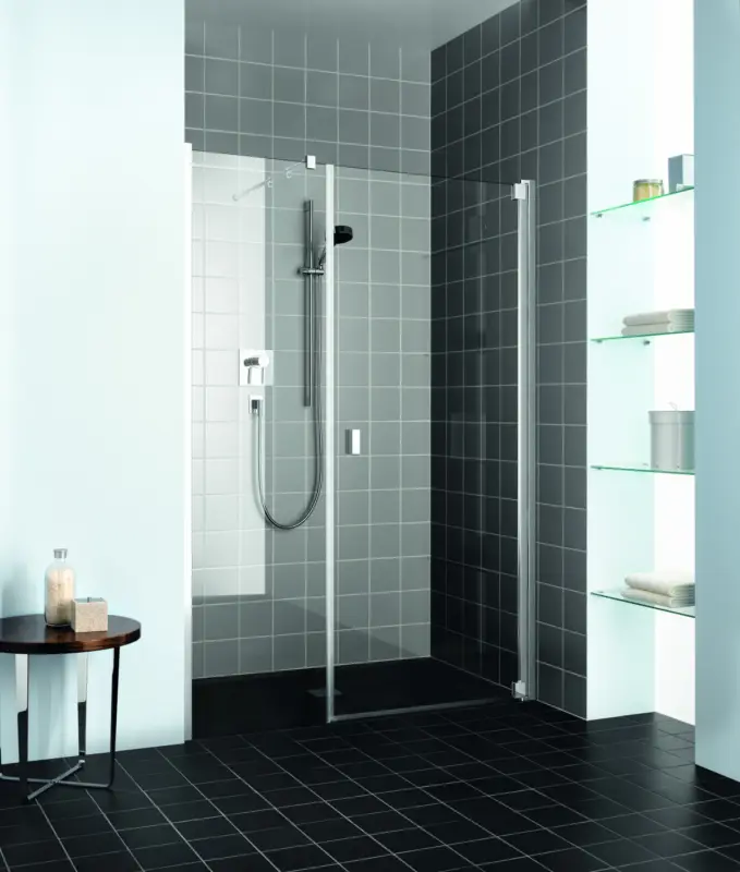Abverkauf Kermi Raya Pendeltür 1-flügelig mit Nebenteil für Nische oder Seitenwand Milchglas SR Opaco Silber Mattglanz 140 cm x 200 cm Anschlag rechts
