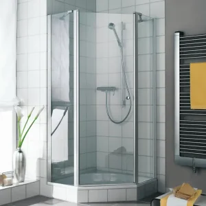 Abverkauf Kermi Ibiza 2000 Fünfeckdusche mit Schwingtür Milchglas SR Opaco KermiClean Silber Mattglanz 90 x 90 cm x 200 cm Frontelemente 53 cm Anschlag links Montage auf Duschwanne oder bodengleich