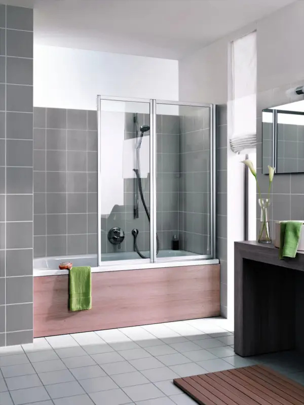 Echt Kermi Vario 2000 Badewannenaufsatz Faltwand 2-flügelig Milchglas SR Opaco Silber Mattglanz 100cm x 140cm Montage auf Badewanne