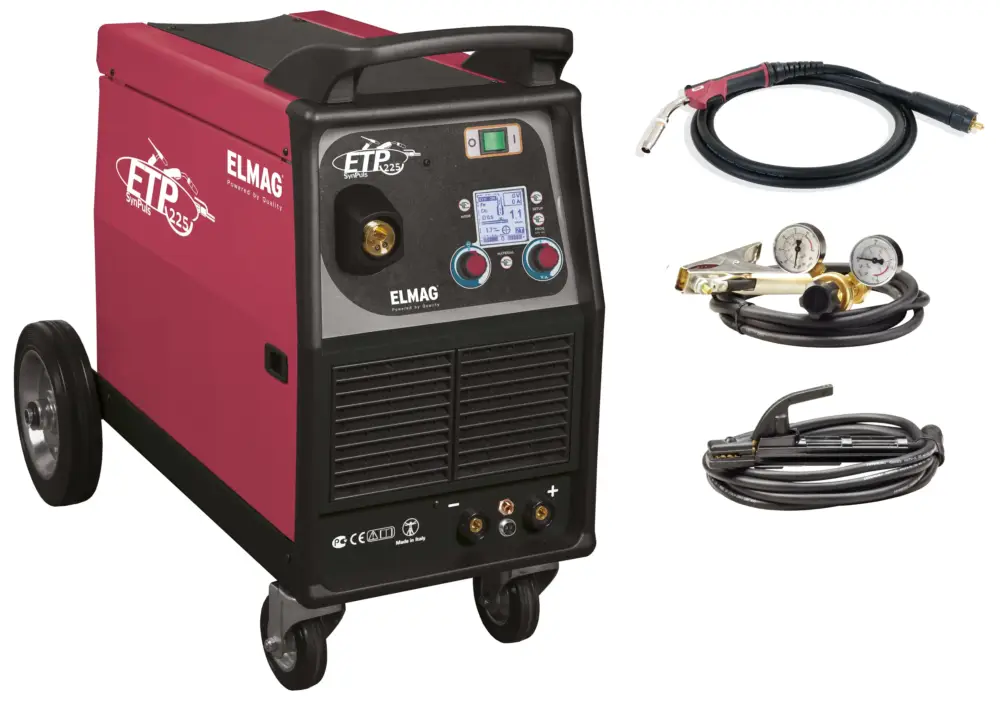 Aktuell Multifunktions-Schweißinverter, fahrbar GRUND-SET Mod. ETP 225 SynPuls - GRUND-SetMIG/MAG (+Puls), WIG (DC), MMA,bestehend aus:1 Stk. ETP 225 SynPulsinkl. Elektrodenhalter-Kabel 25mm²/4m, Stecker 16/25mm², Massekabel 25mm²/3m, Stecker 16/25mm², Druckregler mit 2 Manometer, 3,5m Kohle-PTFE-Seele, Je 2 Stk. Vorschubrollen für 0,6/0,8 mm & 1,0/1,2 f. Fe/CrNi/CuSi, TS & 0,8/1,0 Alu, HA, Schlauchpaket orig. BINZEL MB 25/3mHINWEIS: Netzanschluss einphasig/32 Ampere notwendig. Klären Sie vor Installation dieörtlichen Gegebenheiten mit Ihrem EVU!