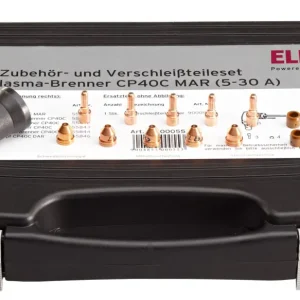 Zubehör- und Verschleißteileset für Plasma-Brenner CP40 MAR (5-30 Amp.)zu Power Plasma 3035/M- bestehend aus:2 Stk. Diffusor CP40 (=1 Pkg./á 2 Stk.)Art. Nr. 558435 Stk. Elektrode CP40 (=1 Pkg./á 5 Stk.)Art. Nr. 558425 Stk. Düse 0,7 CP4 + 1 Stk. 0 (=1 Pkg./á 5 Stk.)Art. Nr. 558411 Stk.Düsenhalter CP40 Art. Nr. 558441 Stk.Verschleißteil-KofferArt. Nr. 9000917 Sichere Zahlung