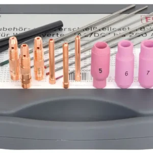 WIG-Verschleissteile-Set 18 tlg. SR 18/26 für WIG-Inverter 'AC/DC' bis 200 Abestehend aus je 1 Stück:Wolframelektrode 'gold' Ø1,6/2,4/3,2mmArt. Nr. 55650/55651/55652Wolframelektr. 'grün' Ø1,6/2,4/3,2mmArt. Nr. 55640/55645/55646Spannhülse 1,6/2,4/3,2mmArt. Nr. 55630/55632/55633Spannhülsengehäuse 1,6/2,4/3,2mmArt. Nr. 55634/55637/55638Keramik-Gashülse Gr. 5/6/7 & 8Art. Nr. 55611, 55612, 55613 & 55614Brennerkappe kurz & langArt. Nr. 55609 & 55608Verschleißteile-KofferArt. Nr. 9000917 Top-Seller