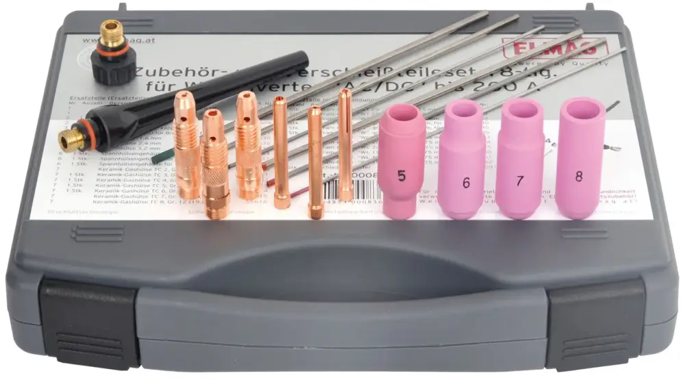 WIG-Verschleissteile-Set 18 tlg. SR 18/26 für WIG-Inverter 'AC/DC' bis 200 Abestehend aus je 1 Stück:Wolframelektrode 'gold' Ø1,6/2,4/3,2mmArt. Nr. 55650/55651/55652Wolframelektr. 'grün' Ø1,6/2,4/3,2mmArt. Nr. 55640/55645/55646Spannhülse 1,6/2,4/3,2mmArt. Nr. 55630/55632/55633Spannhülsengehäuse 1,6/2,4/3,2mmArt. Nr. 55634/55637/55638Keramik-Gashülse Gr. 5/6/7 & 8Art. Nr. 55611, 55612, 55613 & 55614Brennerkappe kurz & langArt. Nr. 55609 & 55608Verschleißteile-KofferArt. Nr. 9000917 Top-Seller