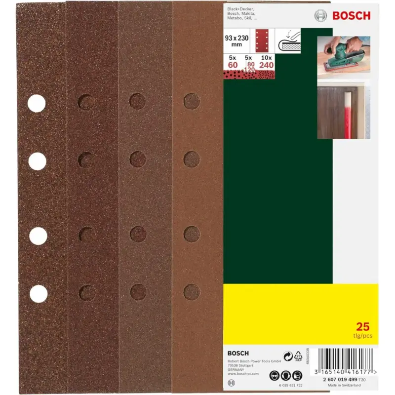 Kracherpreis Bosch Schleifblatt Set 25 Stück 93 x 230 mm, 60/80/120/240, 8 Löcher ohne Klett