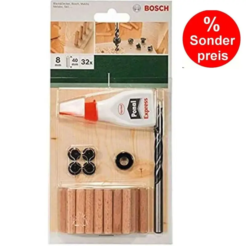 Bosch 32-tlg. Holzdübel Set 8 x 40 mm, Bohrer Tiefenstop 4 Dübelsetzerr Holzleim Preiswert