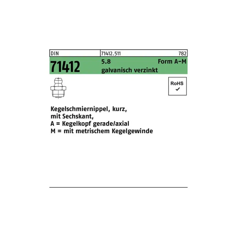 Kegelschmiernippel DIN 71412 FormA-M AM 6x1 SW 7 5.8 galv.verz. 100St. Versand Am Gleichen Tag